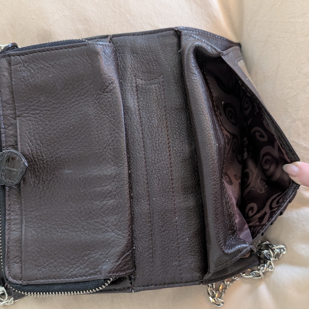 Brighton Shiny Crocodile-Embossed Brown Crossbody Bag - Picture 7 of 13